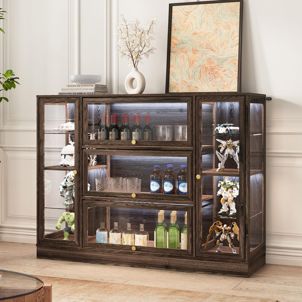 HMstone Display Cabinet with Acrylic Glass Doors, Extra Wide Curio Display Case with LED Lights, 56" W x 42" H Storage Cabinet for Collectibles, Books, Walnut