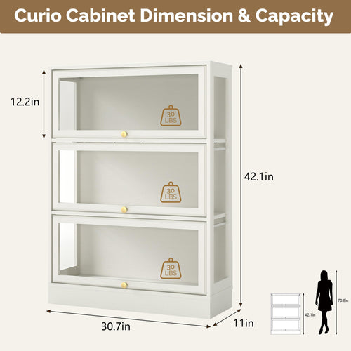 HMstone Display Cabinet with Acrylic Glass Doors, 3-Tiers Curio Display Case with LED Lights, 42’’H Storage Cabinet for Collectibles, Books, White
