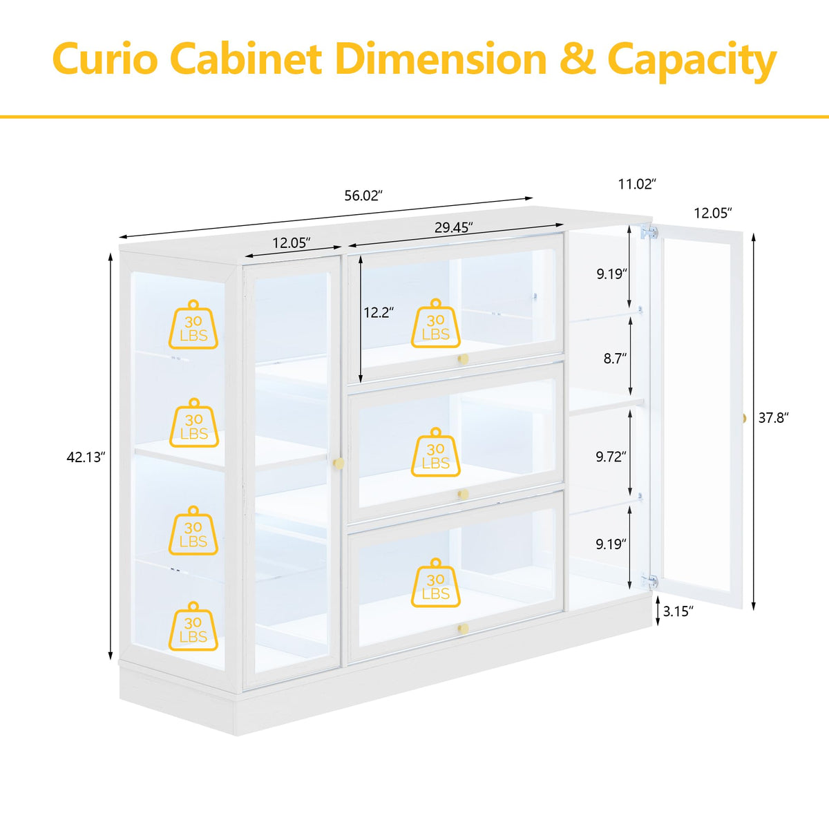 HMstone Display Cabinet with Acrylic Glass Doors, Extra Wide Curio Display Case with LED Lights, 56" W x 42" H Storage Cabinet for Collectibles, Books, White