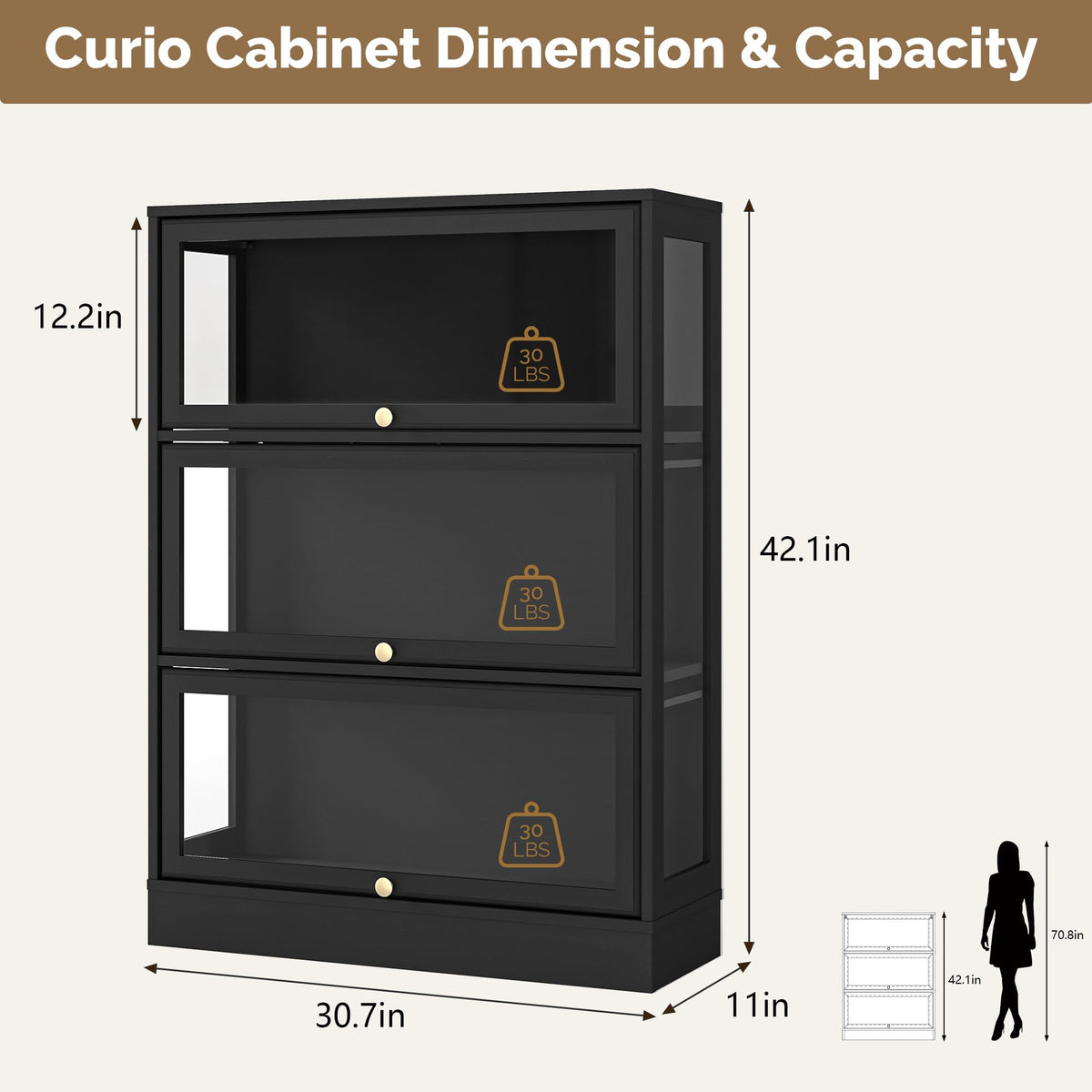 HMstone Display Cabinet with Acrylic Glass Doors, 3-Tiers Curio Display Case with LED Lights, 42’’H Storage Cabinet for Collectibles, Books, Black
