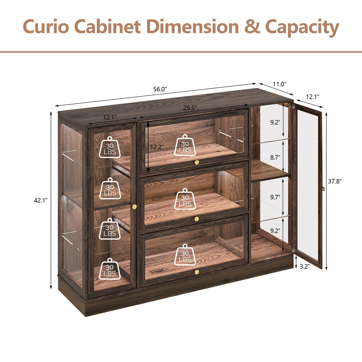 HMstone Display Cabinet with Acrylic Glass Doors, Extra Wide Curio Display Case with LED Lights, 56" W x 42" H Storage Cabinet for Collectibles, Books, Walnut