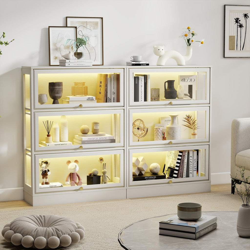 HMstone Display Cabinet with Acrylic Glass Doors, 3-Tiers Curio Display Case with LED Lights, 42’’H Storage Cabinet for Collectibles, Books, White