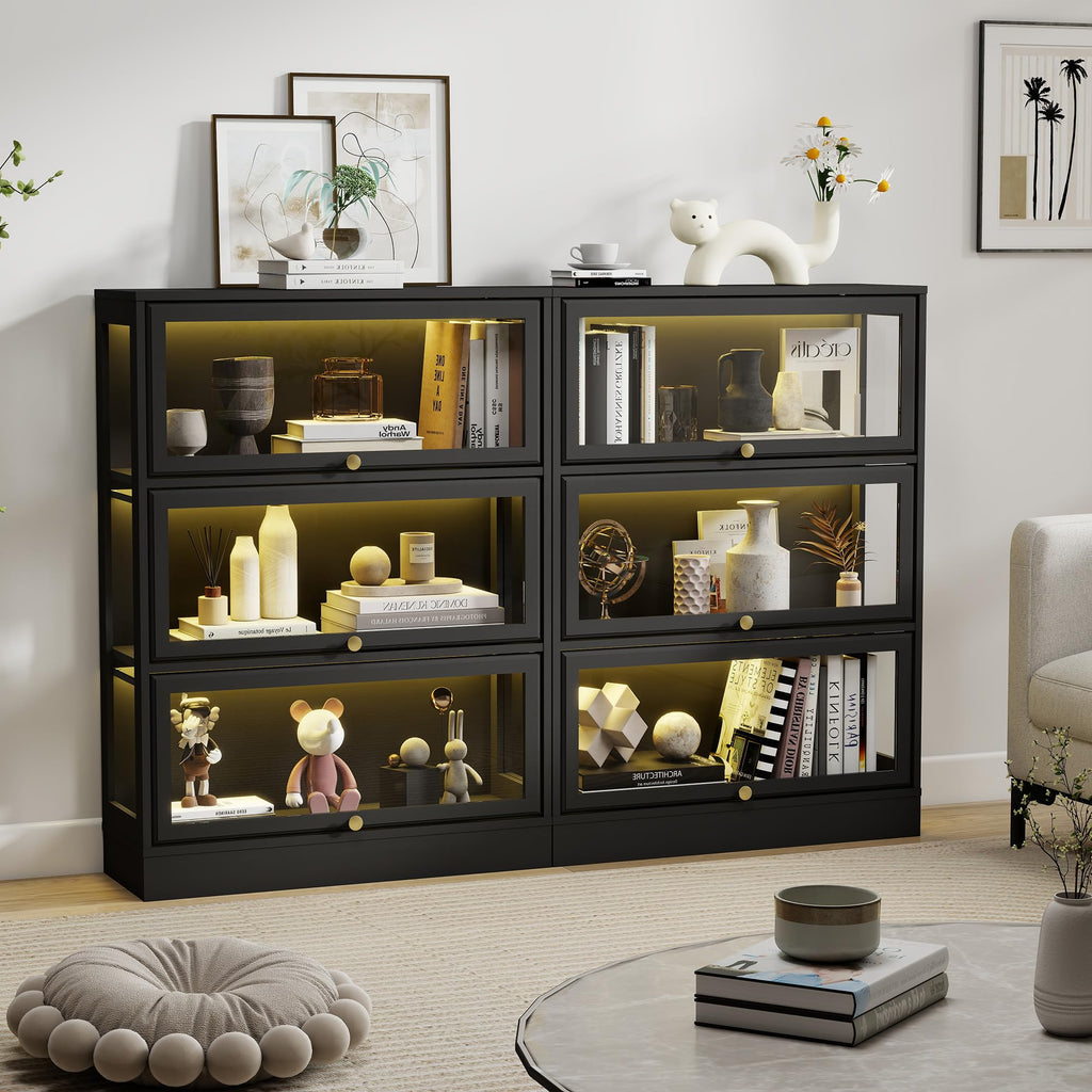 HMstone Display Cabinet with Acrylic Glass Doors, 3-Tiers Curio Display Case with LED Lights, 42’’H Storage Cabinet for Collectibles, Books, Black