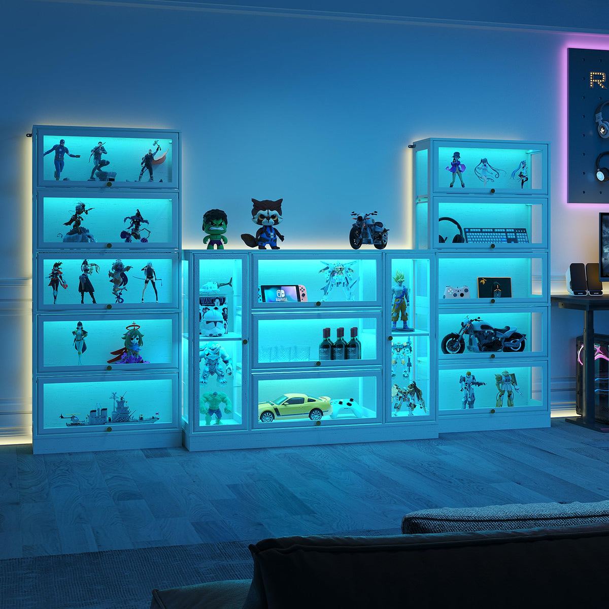 HMstone Display Cabinet with Acrylic Glass Doors, Extra Wide Curio Display Case with LED Lights, 56" W x 42" H Storage Cabinet for Collectibles, Books, White