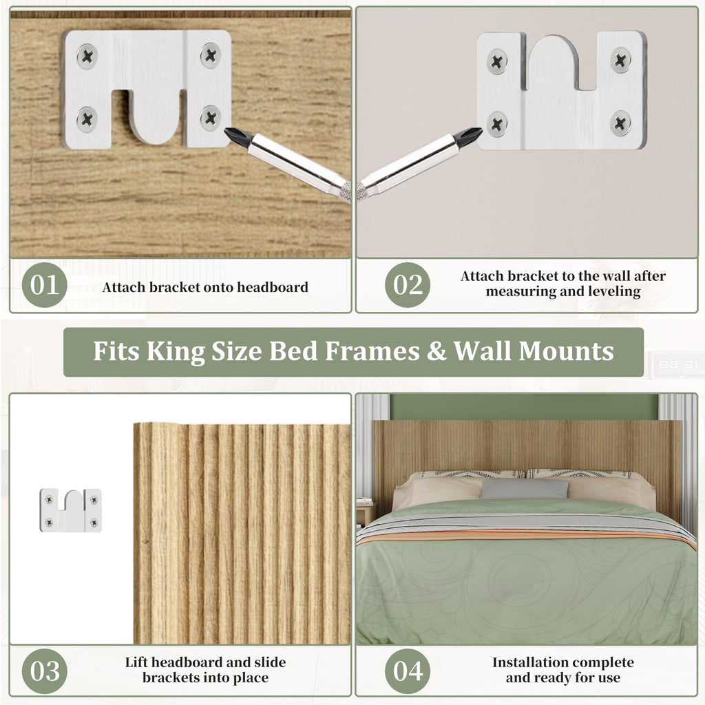 HMstone King Size Boho Headboard Only, Modern Fluted Wall-Mounted Head Board with Lighting, Wood Bed Headboard Stylish Bedroom Decor, Natural
