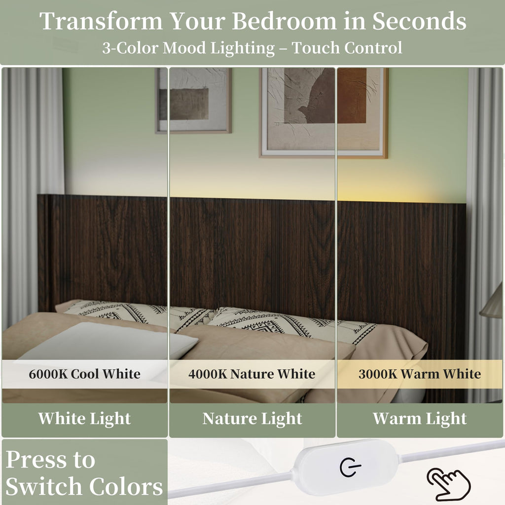 HMstone Queen Size Boho Headboard Only, Modern Fluted Wall-Mounted Head Board with Lighting, Wood Bed Headboard Stylish Bedroom Decor, Espresso