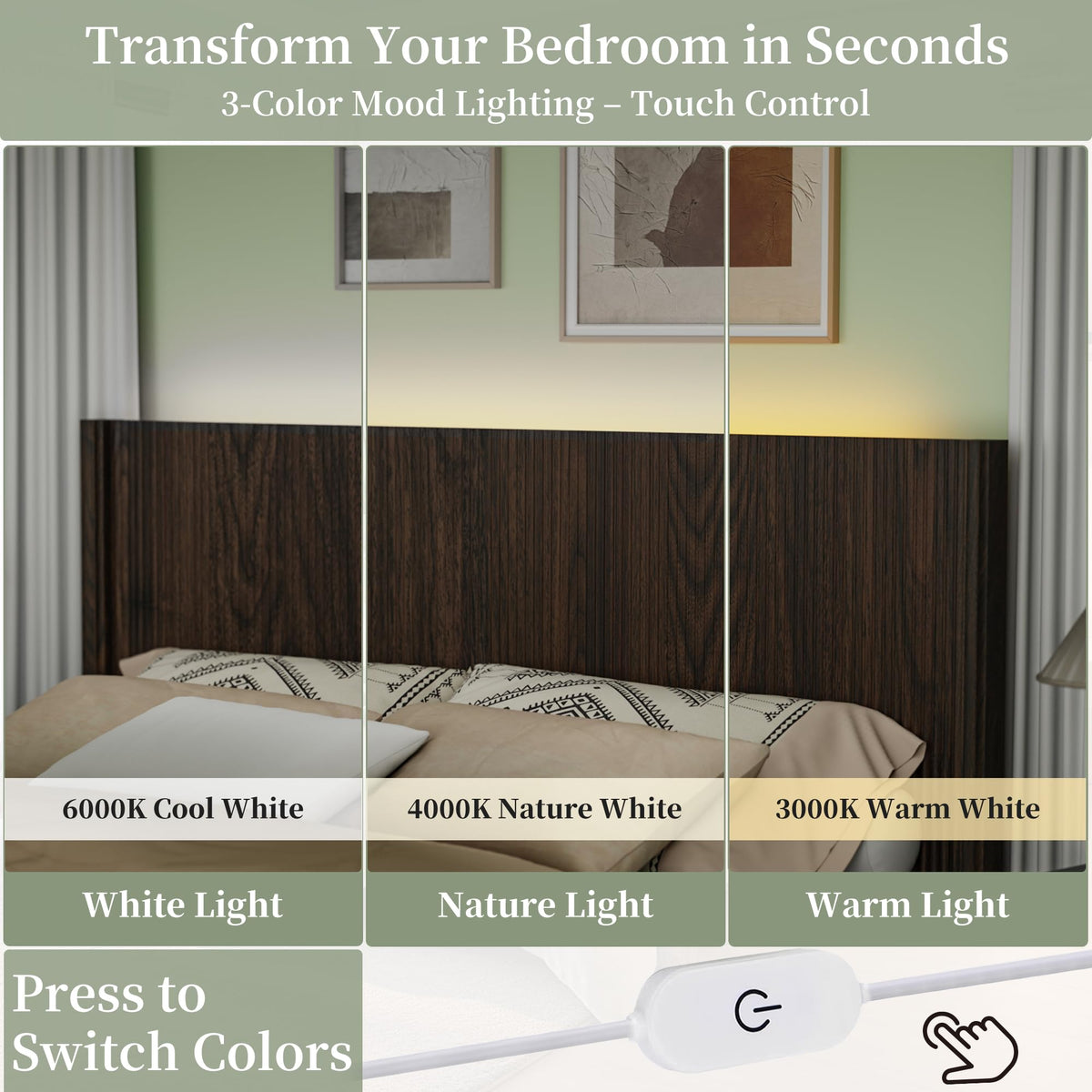 HMstone Queen Size Boho Headboard Only, Modern Fluted Wall-Mounted Head Board with Lighting, Wood Bed Headboard Stylish Bedroom Decor, Espresso