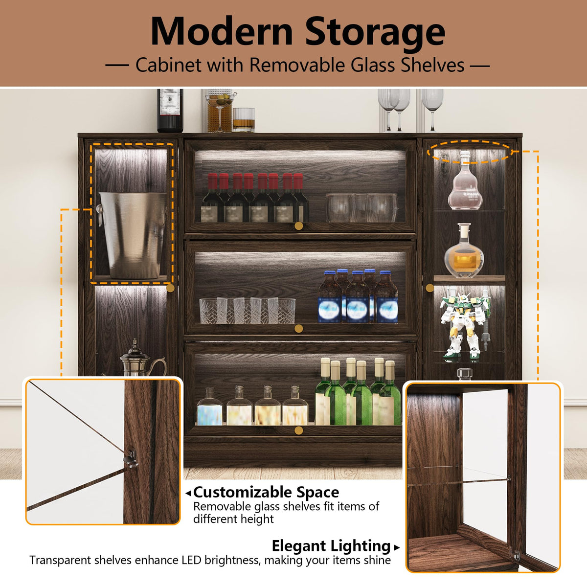 HMstone Display Cabinet with Acrylic Glass Doors, Extra Wide Curio Display Case with LED Lights, 56" W x 42" H Storage Cabinet for Collectibles, Books, Walnut