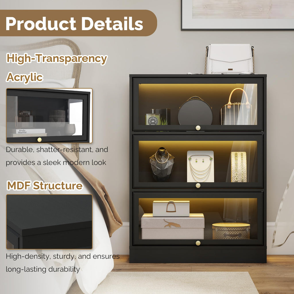HMstone Display Cabinet with Acrylic Glass Doors, 3-Tiers Curio Display Case with LED Lights, 42’’H Storage Cabinet for Collectibles, Books, Black