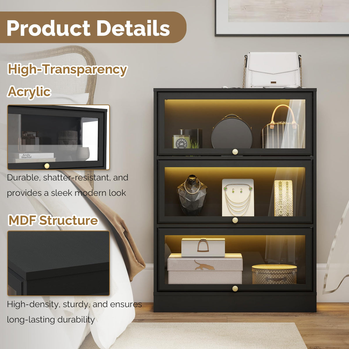 HMstone Display Cabinet with Acrylic Glass Doors, 3-Tiers Curio Display Case with LED Lights, 42’’H Storage Cabinet for Collectibles, Books, Black