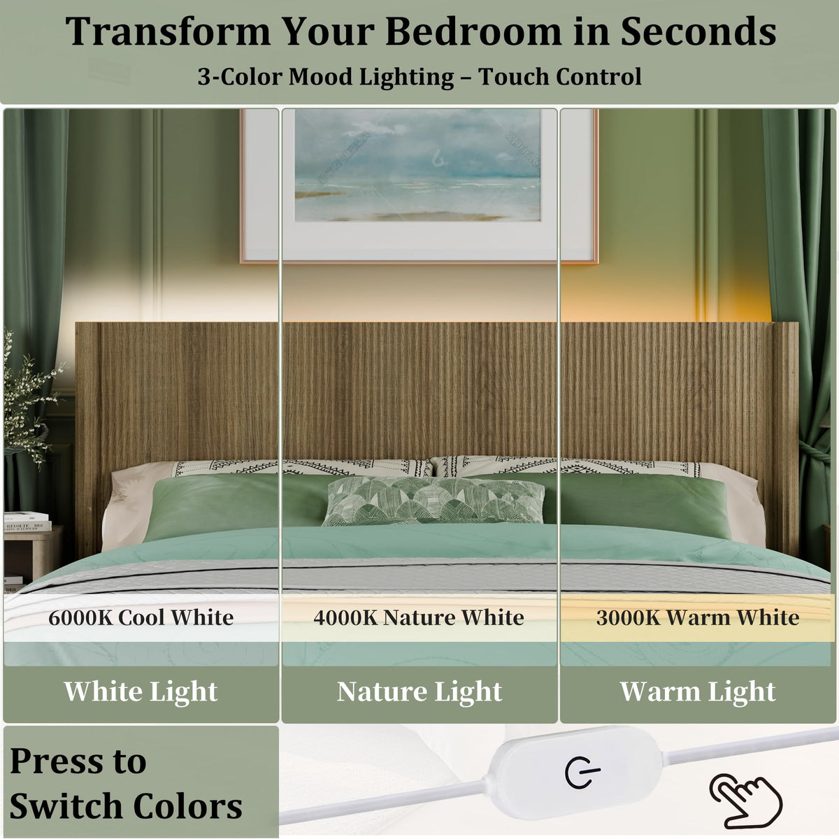 HMstone King Size Boho Headboard Only, Modern Fluted Wall-Mounted Head Board with Lighting, Wood Bed Headboard Stylish Bedroom Decor, Natural