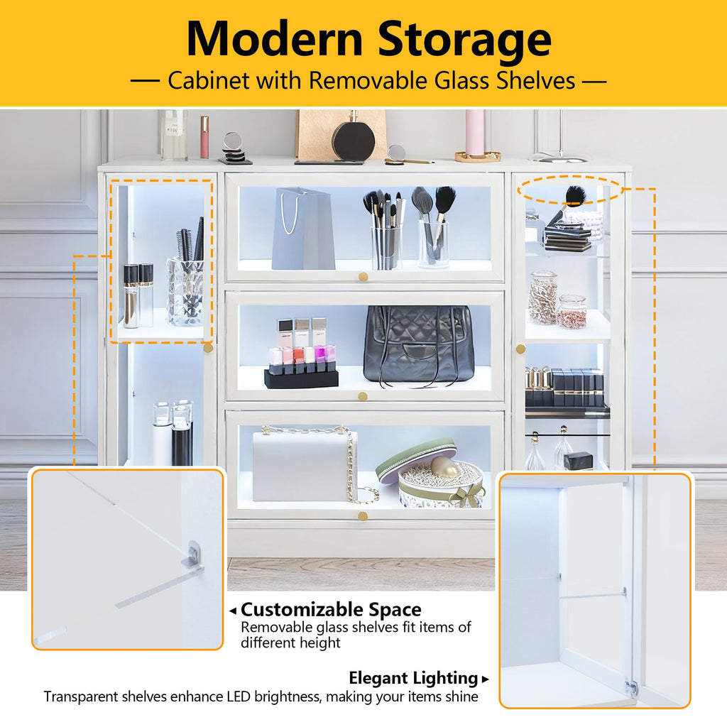 HMstone Display Cabinet with Acrylic Glass Doors, Extra Wide Curio Display Case with LED Lights, 56" W x 42" H Storage Cabinet for Collectibles, Books, White