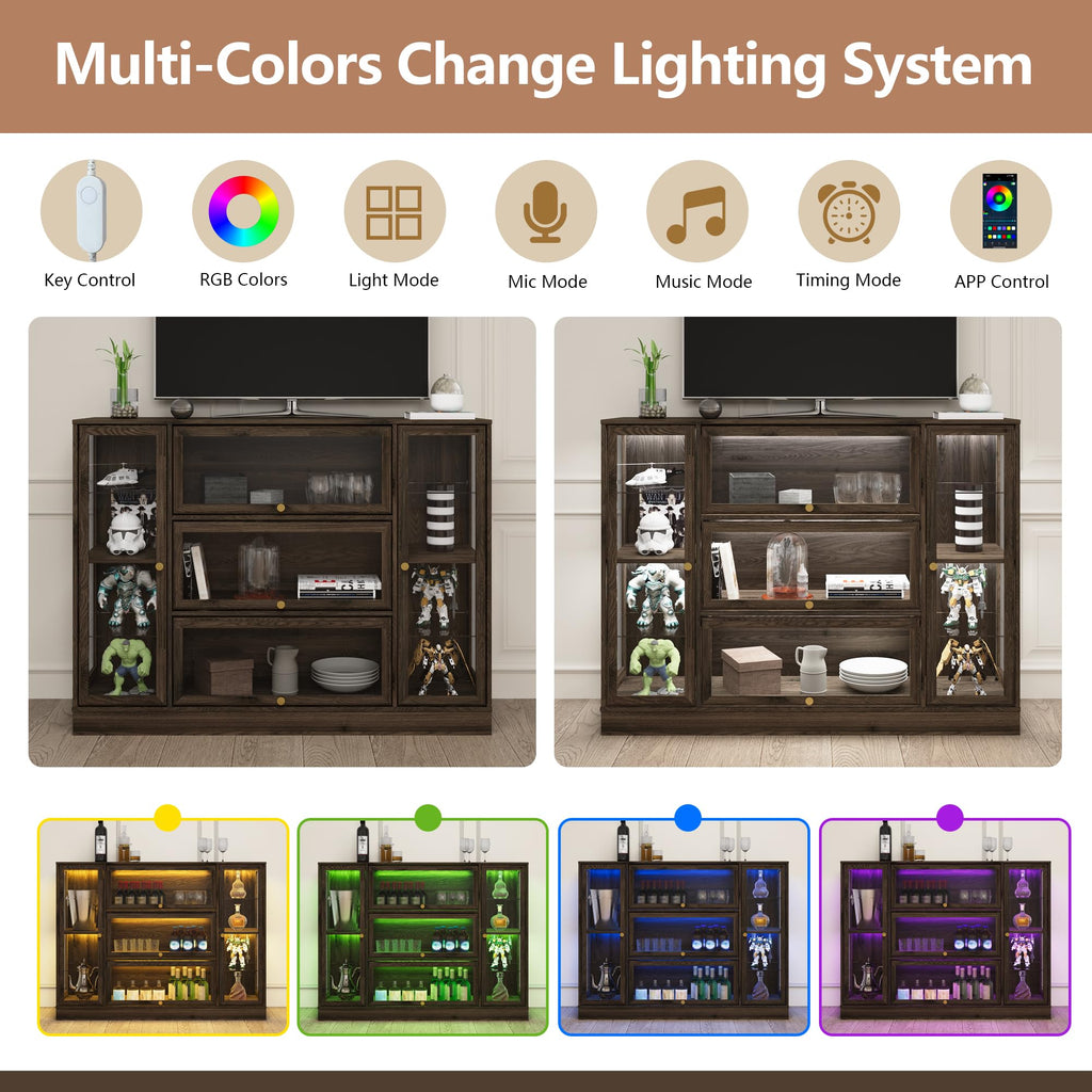 HMstone Display Cabinet with Acrylic Glass Doors, Extra Wide Curio Display Case with LED Lights, 56" W x 42" H Storage Cabinet for Collectibles, Books, Walnut
