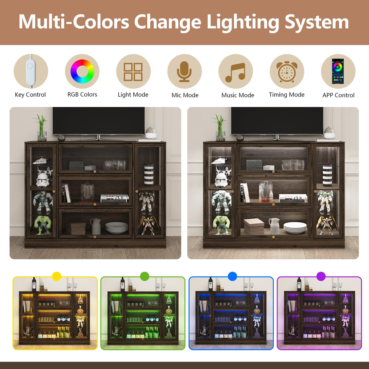 HMstone Display Cabinet with Acrylic Glass Doors, Extra Wide Curio Display Case with LED Lights, 56" W x 42" H Storage Cabinet for Collectibles, Books, Walnut