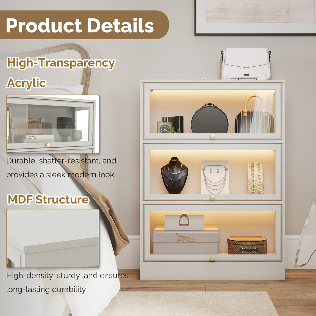 HMstone Display Cabinet with Acrylic Glass Doors, 3-Tiers Curio Display Case with LED Lights, 42’’H Storage Cabinet for Collectibles, Books, White
