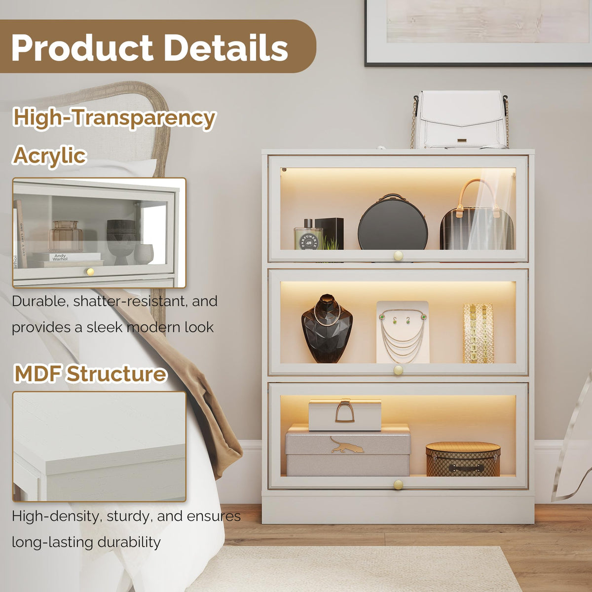 HMstone Display Cabinet with Acrylic Glass Doors, 3-Tiers Curio Display Case with LED Lights, 42’’H Storage Cabinet for Collectibles, Books, White