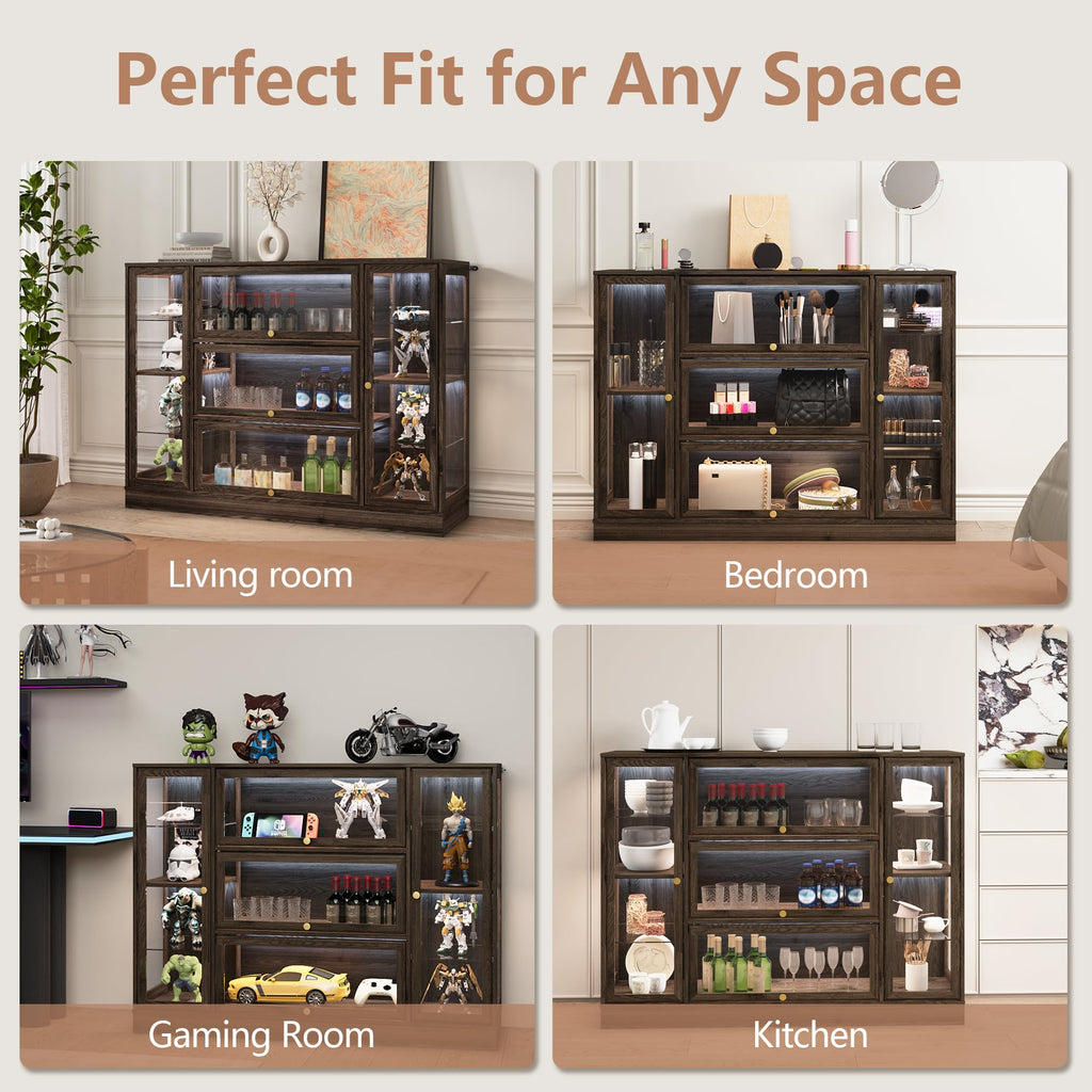 HMstone Display Cabinet with Acrylic Glass Doors, Extra Wide Curio Display Case with LED Lights, 56" W x 42" H Storage Cabinet for Collectibles, Books, Walnut