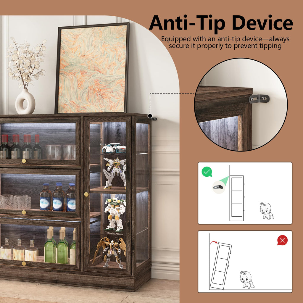 HMstone Display Cabinet with Acrylic Glass Doors, Extra Wide Curio Display Case with LED Lights, 56" W x 42" H Storage Cabinet for Collectibles, Books, Walnut