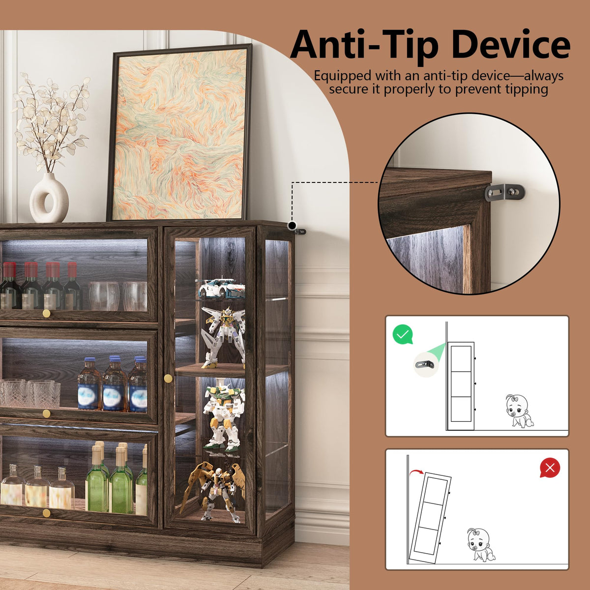 HMstone Display Cabinet with Acrylic Glass Doors, Extra Wide Curio Display Case with LED Lights, 56" W x 42" H Storage Cabinet for Collectibles, Books, Walnut
