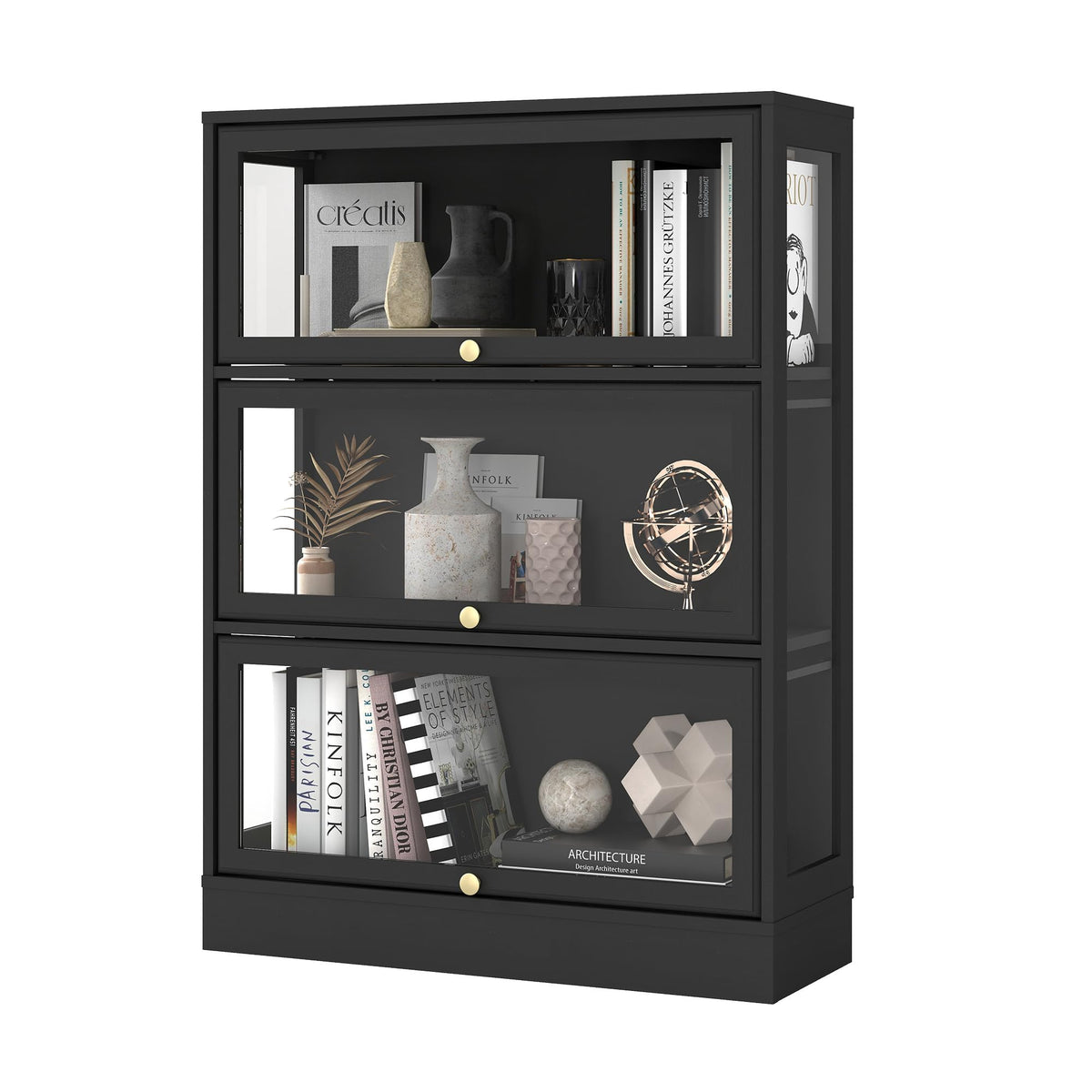 HMstone Display Cabinet with Acrylic Glass Doors, 3-Tiers Curio Display Case with LED Lights, 42’’H Storage Cabinet for Collectibles, Books, Black