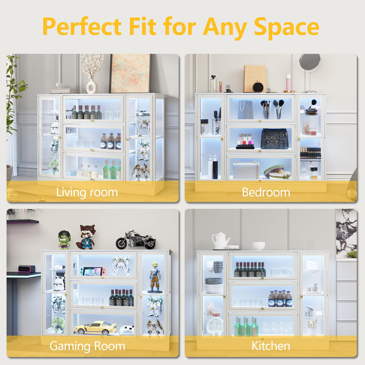 HMstone Display Cabinet with Acrylic Glass Doors, Extra Wide Curio Display Case with LED Lights, 56" W x 42" H Storage Cabinet for Collectibles, Books, White